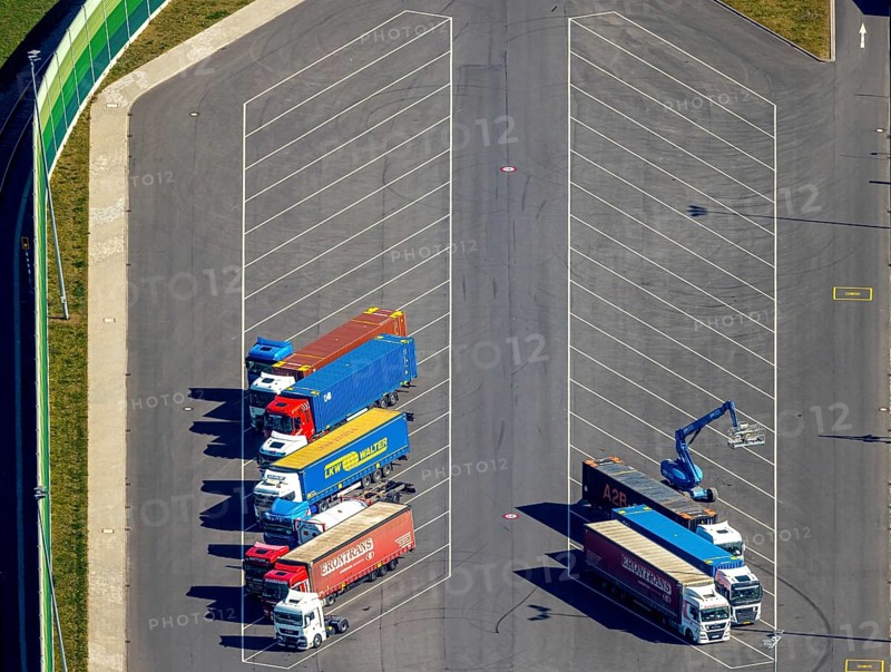 Aerial view, duisport Port of Duisburg, port area, coal island container terminal, lorry park, Ruhrort, Duisburg, Ruhr area, North Rhine-Westphalia, Germany