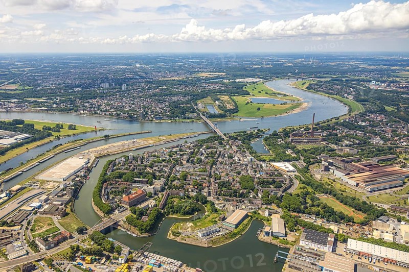 Aerial view, district Ruhrort at Duisburg harbour, river Rhine and Friedrich-Ebert-Bridge, below the Karl-Lehr-Bridge, Mercatorinsel Stangenwald construction site with new logistics hall, river Ruhr estuary, Ruhrort, Duisburg, Ruhr area, North Rhine-Westphalia, Germany
