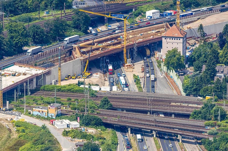 Aerial view, Kaiserberg motorway junction with major construction site, Werthacker bunker, Duissern, Duisburg, Ruhr area, North Rhine-Westphalia, Germany