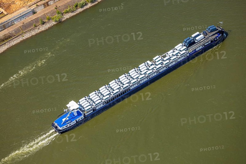 Aerial view, transport ship with car transporter cargo, bee ship on the river Rhine, Alt-Homberg, Duisburg, Ruhr area, North Rhine-Westphalia, Germany