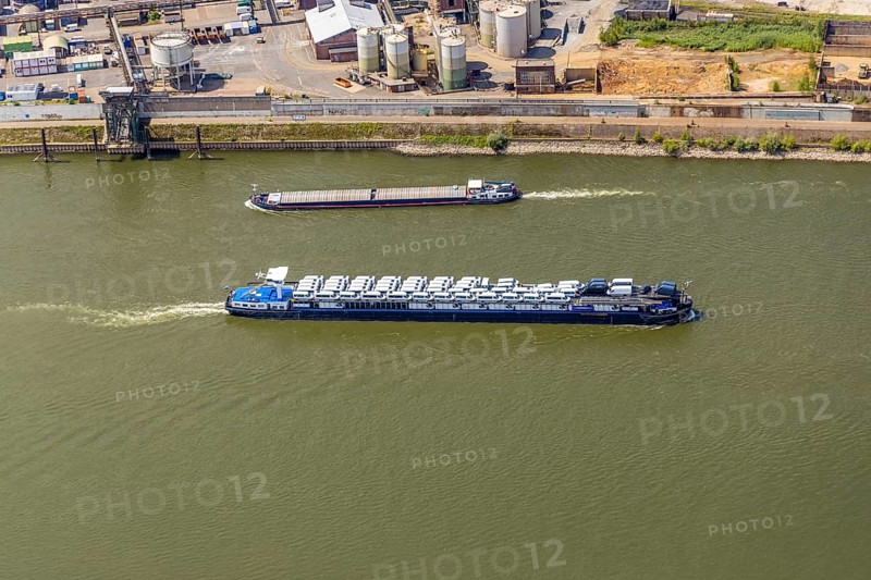 Aerial view, transport ship with car transporter cargo, bee ship on the river Rhine, Alt-Homberg, Duisburg, Ruhr area, North Rhine-Westphalia, Germany