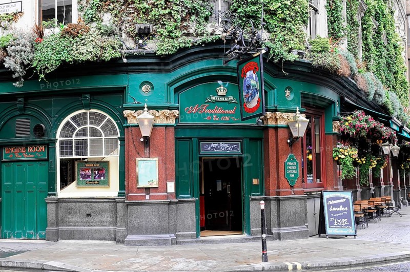 English pub, THE RAILWAY TAVERN since 1736, London, England, Great Britain, Traditional pub with green façade and lush planting, London, England, Great Britain