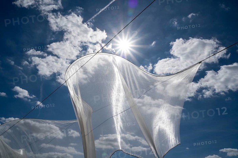 The installation Aurora by Kirsten Sauer (kisa.), 12th international wind art festival 2025, landscape exhibition bewegter wind, Zierenberg, Northern Hesse, Germany