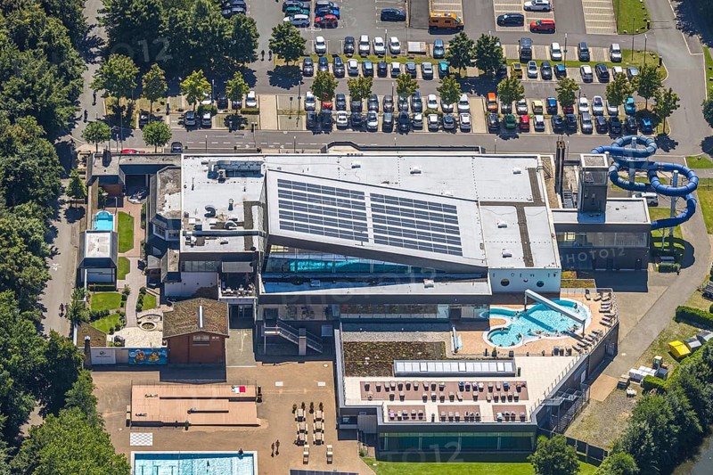 Aerial view, Olpe leisure pool, outdoor and indoor swimming pool with sun loungers and water slide, Olpe town, Olpe, Sauerland, North Rhine-Westphalia, Germany