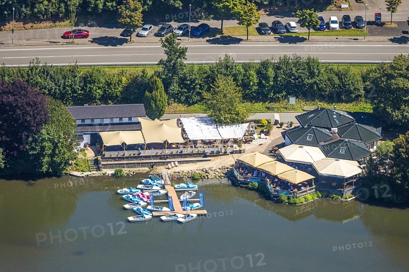 Aerial view, Biggesee boathouse restaurant with outdoor catering, SUP-STATION - Windsurfing Siegerland, pedal boats at the jetty, people in the boat, Olpe town, Olpe, Sauerland, North Rhine-Westphalia, Germany