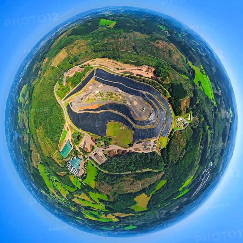 Aerial photograph, Olpe landfill site of Olper Entsorgungszentrum GmbH & Co. KG, forest area, globe, fisheye image, 360 degree image, tiny world, little planet, fisheye image, Oberveischede, Olpe, Ruhr area, North Rhine-Westphalia, Germany