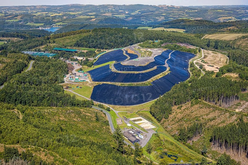 Aerial view, site covered with plastic tarpaulins of the landfill Olper Entsorgungszentrum GmbH, Oberveischede Unterneger, Oberveischede, Olpe, Sauerland, North Rhine-Westphalia, Germany