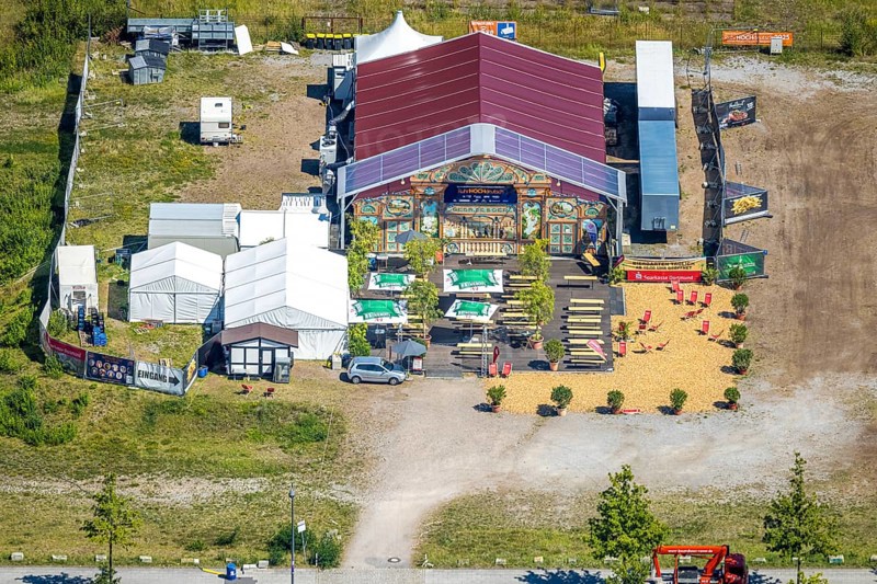 Aerial view, Phoenix-West, Phoenix-East, RuhrHOCHdeutsch, culture tent, Phoenix Lake, Hörde, former steelworks site, Dortmund, Ruhr area, North Rhine-Westphalia, Germany