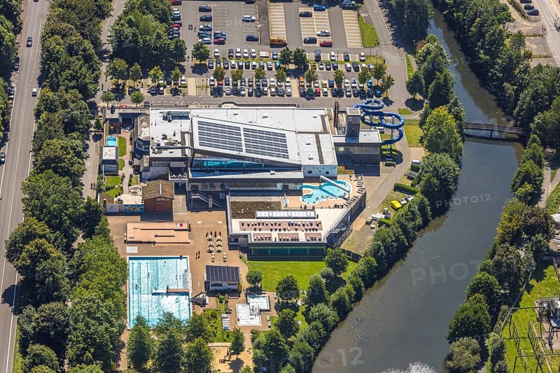 Aerial view, Olpe leisure pool, outdoor and indoor swimming pool with sun loungers and water slide, Olpe town, Olpe, Sauerland, North Rhine-Westphalia, Germany