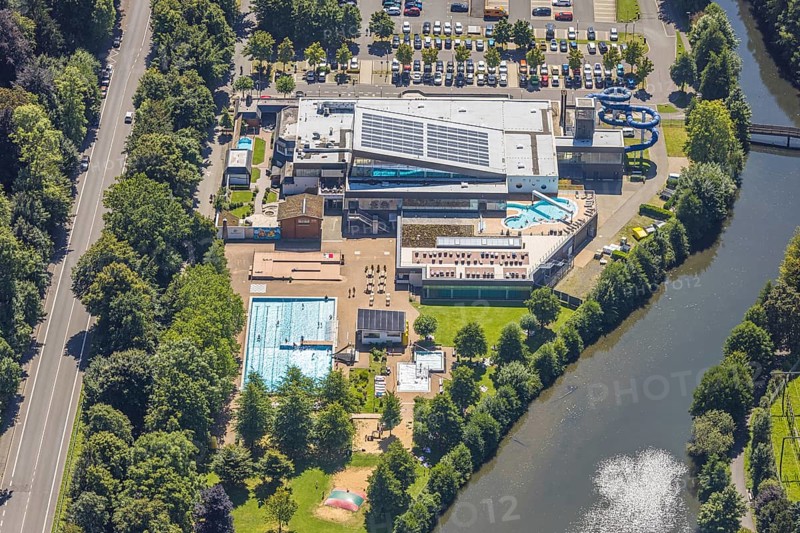 Aerial view, Olpe leisure pool, outdoor and indoor swimming pool with sun loungers and water slide, Olpe town, Olpe, Sauerland, North Rhine-Westphalia, Germany