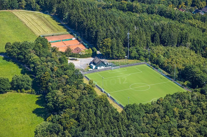 Aerial view, sports field TUS Rhode, grass pitch, artificial turf sports field, Sauerland, Rhode, Olpe, North Rhine-Westphalia, Germany