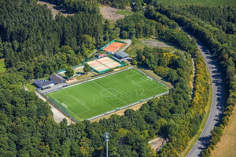 Aerial view, sports field TUS Rhode, grass pitch, artificial turf sports field, Sauerland, Rhode, Olpe, North Rhine-Westphalia, Germany