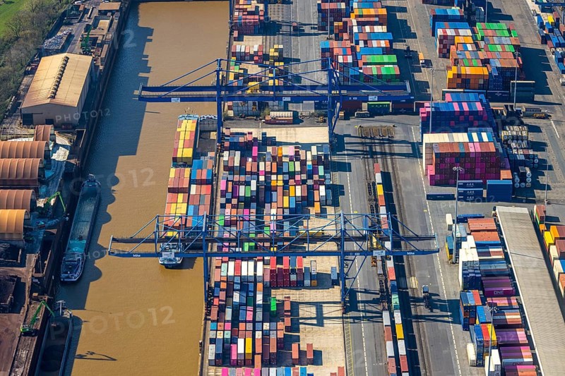 Aerial view, duisport port, logport I Rheinhausen, logport 1, container port, Duisburg port D3T Duisburg Trimodal Terminal, container terminal and container ship, automobile logistics, Friemersheim, Duisburg, Ruhr area, North Rhine-Westphalia, Germany