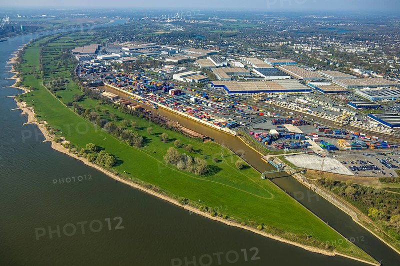 Aerial view, duisport harbour, logport I Rheinhausen, logport 1, container port, Duisburg harbour D3T Duisburg Trimodal Terminal, automobile logistics, river Rhine and distant view, Friemersheim, Duisburg, Ruhr area, North Rhine-Westphalia, Germany