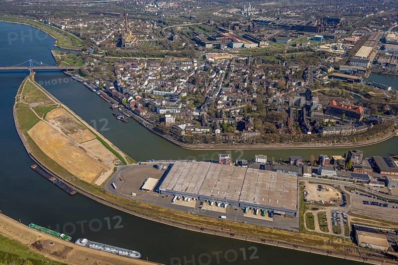 Aerial view, duisport harbour Duisburg, district Ruhrort, Vinckekanal forwarding island and Mercatorinsel, river Ruhr Ruhr estuary and river Rhine with Friedrich-Ebert-Bridge, Ruhrort, Duisburg, Ruhr area, North Rhine-Westphalia, Germany