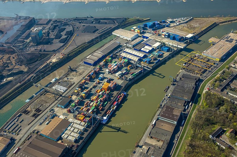 Aerial view, Neuenkamp parallel harbour and outer harbour, container terminal, river Rhine, Hochfeld, Duisburg, Ruhr area, North Rhine-Westphalia, Germany