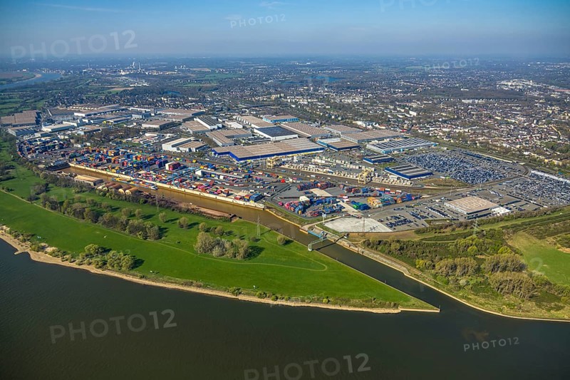 Aerial view, duisport harbour, logport I Rheinhausen, logport 1, container port, Duisburg harbour D3T Duisburg Trimodal Terminal, automobile logistics, river Rhine and distant view, Friemersheim, Duisburg, Ruhr area, North Rhine-Westphalia, Germany