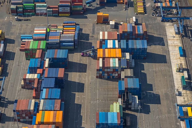 Aerial view, duisport port, logport I Rheinhausen, container port, Duisburg port D3T Duisburg Trimodal Terminal, container terminal, automobile logistics, Friemersheim, Duisburg, Ruhr area, North Rhine-Westphalia, Germany
