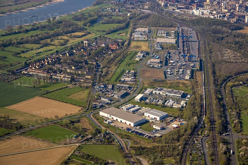 Aerial view, duisport harbour, logport III Hohenbudberg, logport 3, container terminal, railway settlement with water tower, Friemersheim, Duisburg, Ruhr area, North Rhine-Westphalia, Germany