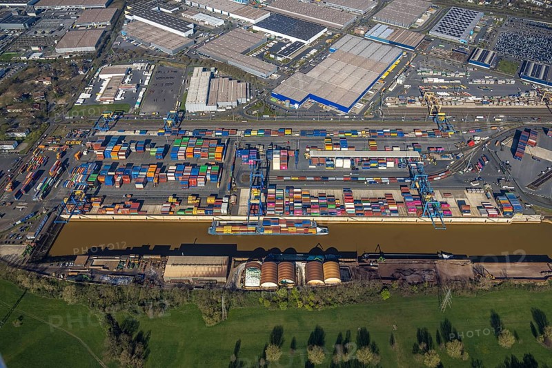Aerial view, duisport port, logport I Rheinhausen, container port, Duisburg port D3T Duisburg Trimodal Terminal, container terminal and container ship, automobile logistics, Friemersheim, Duisburg, Ruhr area, North Rhine-Westphalia, Germany