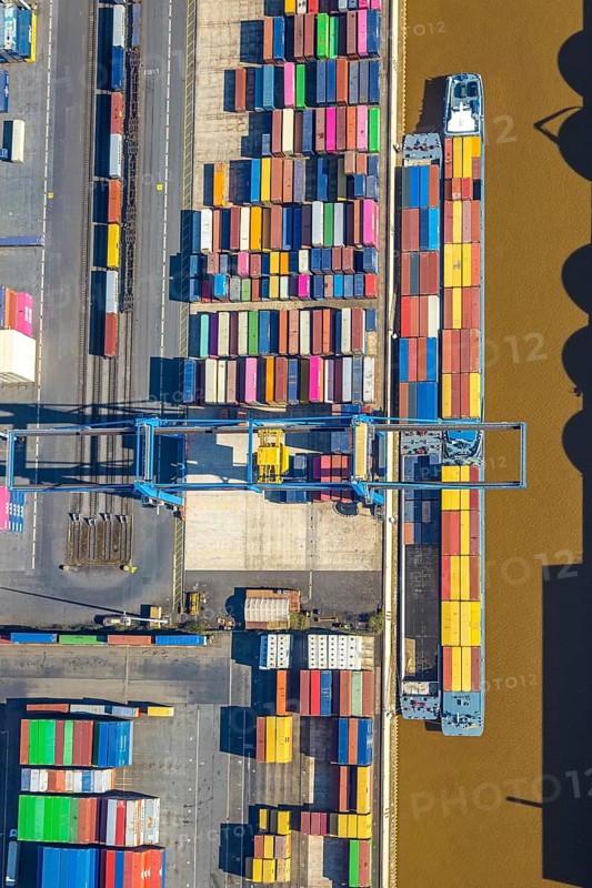 Aerial view, duisport port, logport I Rheinhausen, container port, Duisburg port D3T Duisburg Trimodal Terminal, container terminal and container ship, automobile logistics, Friemersheim, Duisburg, Ruhr area, North Rhine-Westphalia, Germany