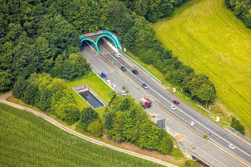 Aerial view, construction site at the motorway A 46 with tunnel entrance and tunnel exit Olpe, Meschede, Sauerland, North Rhine-Westphalia, Germany, DE, Europe, aerial view, aerial photography, aerial photography, Ruhr area, road traffic, tunnel, tunnel entrance of the motorway 46 near Olpe, overview, bird's-eye view, overview