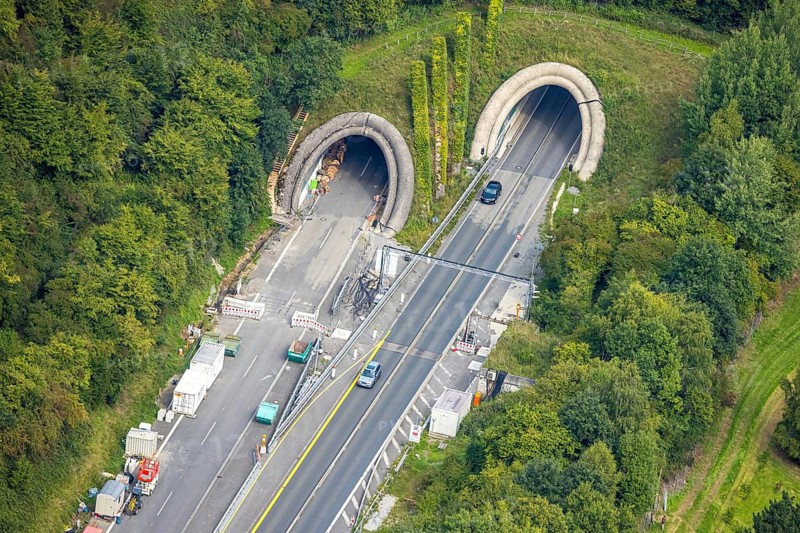 Aerial view, construction site at the motorway A 46 with tunnel entrance and tunnel exit Freienohl, Meschede, Sauerland, North Rhine-Westphalia, Germany, DE, Europe, aerial view, aerial photography, aerial photography, Ruhr area, road traffic, tunnel, tunnel entrance of the motorway 46 near Freienohl, overview, bird's-eye view, overview