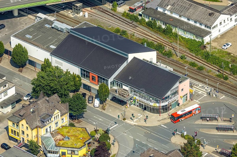 Aerial view, McDonald's at Le-Puy-Straße bus station, Meschede town, Meschede, Sauerland, North Rhine-Westphalia, Germany, DE, Europe, aerial view, aerial photography, aerial photography, Ruhr area, overview, bird's eye view, ZOB bus station, birds-eyes view, overview