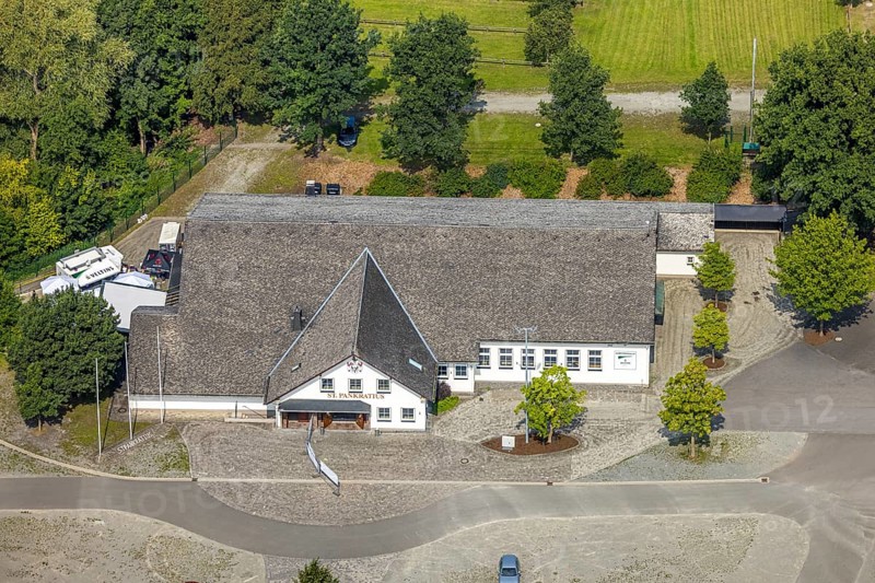 Aerial view, Schützenhalle Reister Keller St. Pankratius, Schützenbruderschaft St. Pankratius 1920 Reiste e. V., Eslohe, Sauerland, North Rhine-Westphalia, Germany, customs, DE, Europe, aerial view, aerial photography, aerial photography, Meschede, Ruhr area, Schützenbruderschaft, Schützengesellschaft, Schützenhalle, Schützenverein, tradition, overview, bird's eye view, birds-eyes view, overview