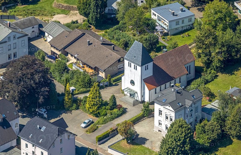 Aerial view, catholic church St. Georg Oberbrügge, Halver, Sauerland, North Rhine-Westphalia, Germany, place of worship, DE, Europe, religious community, place of worship, holy place, Kierspe, church, parish, denomination, aerial view, aerial photography, aerial photography, religion, religious site, Ruhr area, overview, bird's-eye view, birds-eyes view, overview