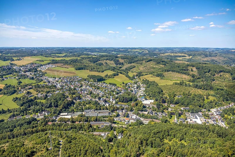 Aerial view, residential area local view district Oberbrügge and catholic church St. Georg Oberbrügge, Halver, Sauerland, North Rhine-Westphalia, Germany, place of worship, DE, Europe, religious community, place of worship, holy place, Kierspe, church, parish, denomination, aerial view, aerial photography, aerial photography, religion, religious site, Ruhr area, overview, bird's-eye view, birds-eyes view, overview