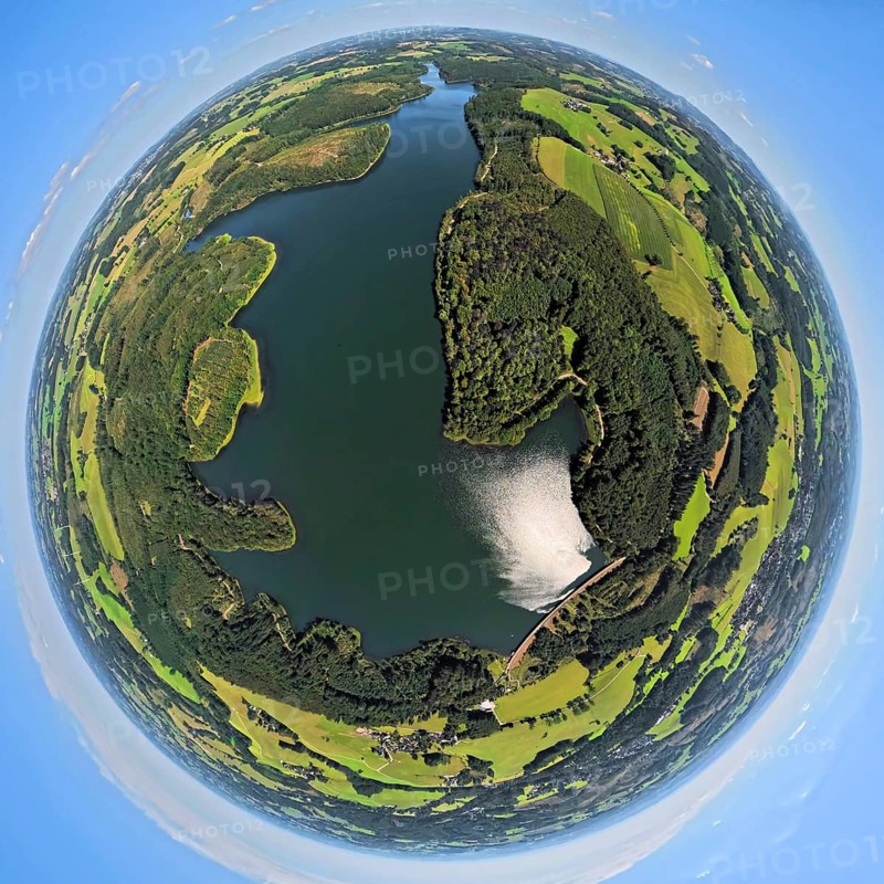 Aerial view, Kerspetalsperre and forest area, earth globe, fisheye image, 360 degree image, tiny world, little planet, fisheye image, Großfastenrath, Wipperfürth, Sauerland, North Rhine-Westphalia, Germany, DE, Europe, Kierspe, aerial view, aerial photography, aerial photography, Ruhr area, lake, dam, overview, bird's-eye view, birds-eyes view, overview