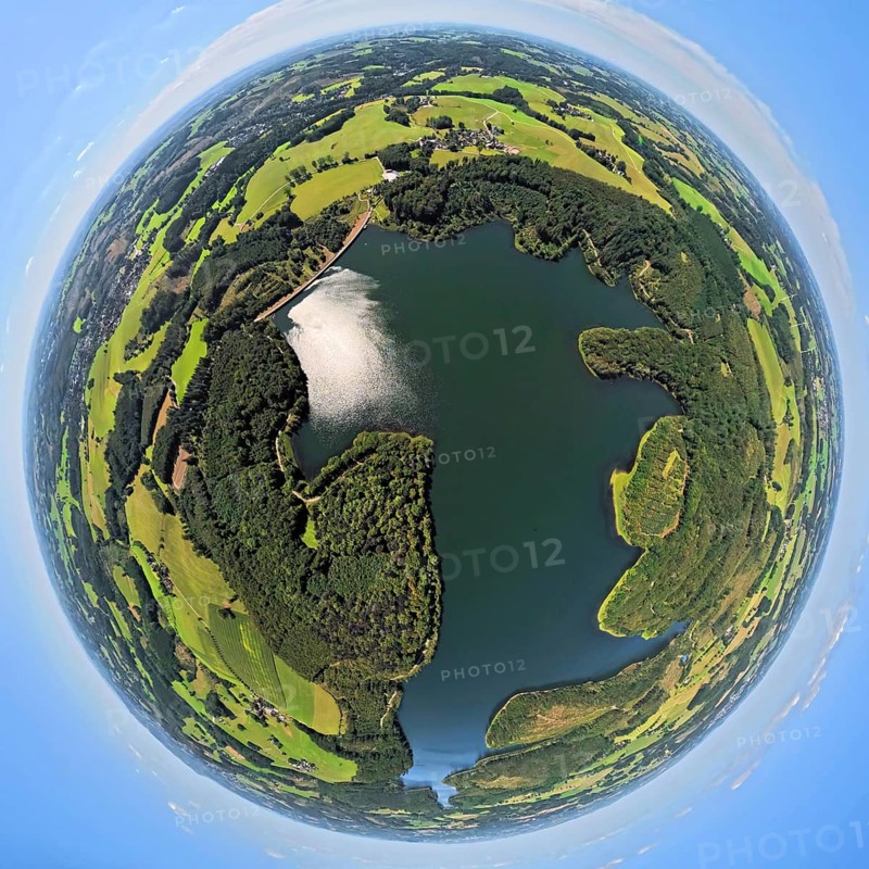 Aerial view, Kerspetalsperre and forest area, earth globe, fisheye image, 360 degree image, tiny world, little planet, fisheye image, Großfastenrath, Wipperfürth, Sauerland, North Rhine-Westphalia, Germany, DE, Europe, Kierspe, aerial view, aerial photography, aerial photography, Ruhr area, lake, dam, overview, bird's-eye view, birds-eyes view, overview