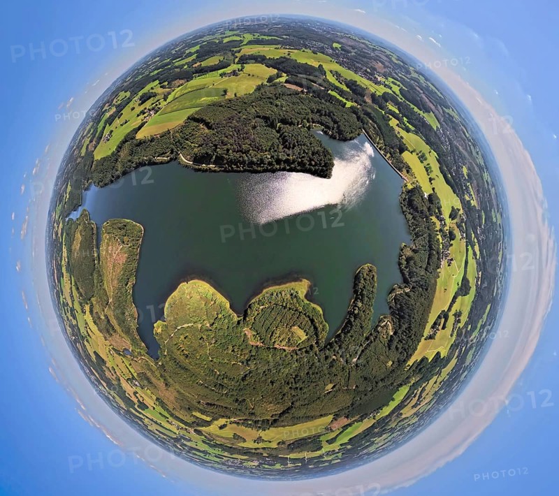 Aerial view, Kerspetalsperre and forest area, earth globe, fisheye image, 360 degree image, tiny world, little planet, fisheye image, Großfastenrath, Wipperfürth, Sauerland, North Rhine-Westphalia, Germany, DE, Europe, Kierspe, aerial view, aerial photography, aerial photography, Ruhr area, lake, dam, overview, bird's-eye view, birds-eyes view, overview
