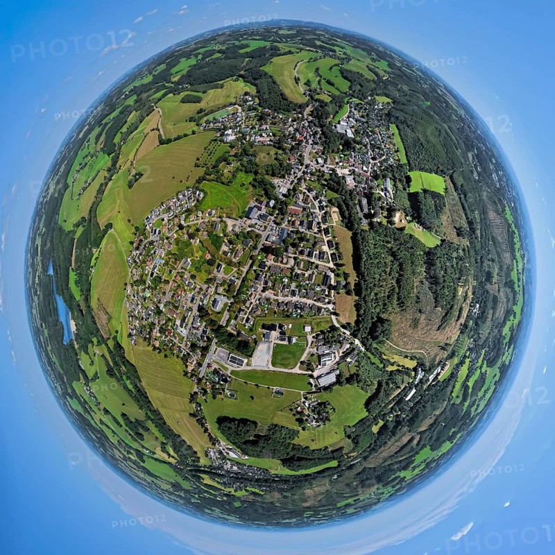 Aerial view, residential area, view of Rönsahl, earth globe, fisheye image, 360 degree image, tiny world, little planet, fisheye image, Rönsahl, Kierspe, Sauerland, North Rhine-Westphalia, Germany, DE, Europe, property tax, real estate, aerial view, aerial photography, aerial photography, Ruhr area, overview, bird's eye view, residential area, living and living, residential area, residential quality, residential neighbourhood, housing estate, residential area, birds-eyes view, overview