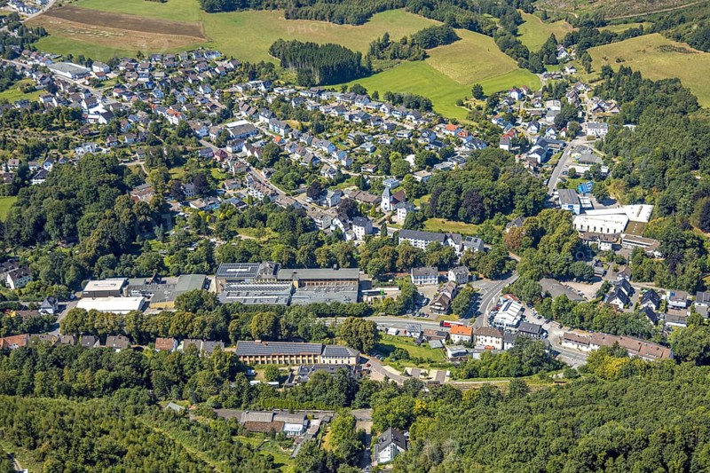 Aerial view, residential area local view district Oberbrügge and catholic church St. Georg Oberbrügge, Halver, Sauerland, North Rhine-Westphalia, Germany, place of worship, DE, Europe, religious community, place of worship, holy place, Kierspe, church, parish, denomination, aerial view, aerial photography, aerial photography, religion, religious site, Ruhr area, overview, bird's-eye view, birds-eyes view, overview