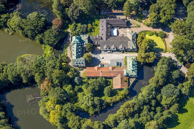 Aerial view, moated castle Haus Rhade, bulwark, Kierspe, Sauerland, North Rhine-Westphalia, Germany, castle, DE, Europe, moat, manor house, manor building, aerial photograph, aerial photography, aerial photography, Ruhr area, castle, overview, bird's-eye view, moated castle, moated castle, birds-eyes view, overview