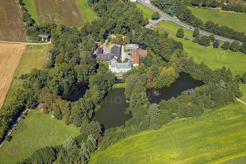 Aerial view, moated castle Haus Rhade, bulwark, Kierspe, Sauerland, North Rhine-Westphalia, Germany, castle, DE, Europe, moat, manor house, manor building, aerial photograph, aerial photography, aerial photography, Ruhr area, castle, overview, bird's-eye view, moated castle, moated castle, birds-eyes view, overview