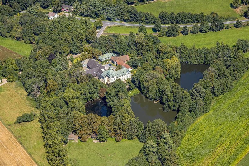 Aerial view, moated castle Haus Rhade, bulwark, Kierspe, Sauerland, North Rhine-Westphalia, Germany, castle, DE, Europe, moat, manor house, manor building, aerial photograph, aerial photography, aerial photography, Ruhr area, castle, overview, bird's-eye view, moated castle, moated castle, birds-eyes view, overview