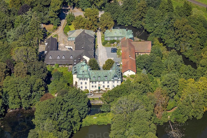 Aerial view, moated castle Haus Rhade, bulwark, Kierspe, Sauerland, North Rhine-Westphalia, Germany, castle, DE, Europe, moat, manor house, manor building, aerial photograph, aerial photography, aerial photography, Ruhr area, castle, overview, bird's-eye view, moated castle, moated castle, birds-eyes view, overview