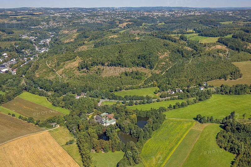 Aerial view, moated castle Haus Rhade, bulwark, Kierspe, Sauerland, North Rhine-Westphalia, Germany, castle, DE, Europe, moat, manor house, manor building, aerial photograph, aerial photography, aerial photography, Ruhr area, castle, overview, bird's-eye view, moated castle, moated castle, birds-eyes view, overview