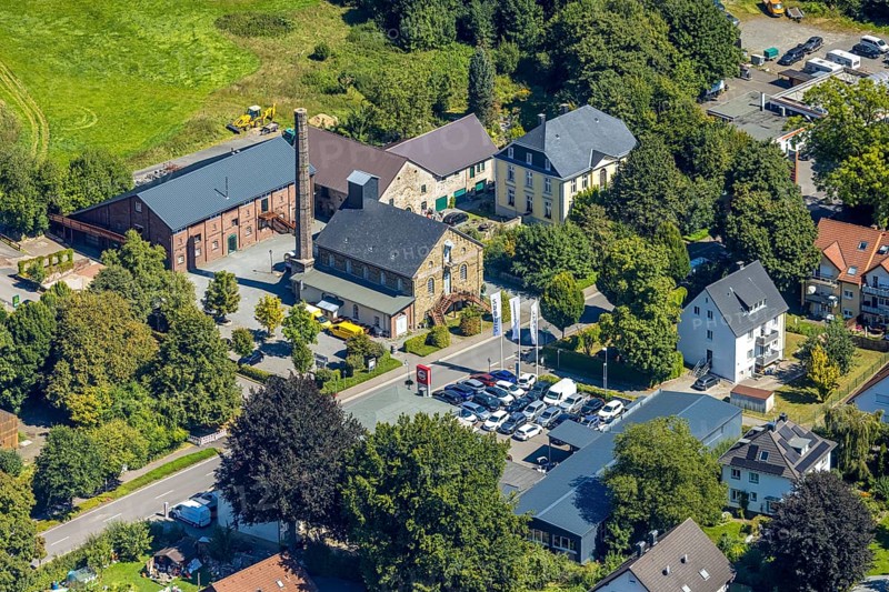 Aerial view, historical distillery Rönsahl, sight, Rönsahl, Kierspe, Sauerland, North Rhine-Westphalia, Germany, distillery, DE, Europe, aerial view, aerial photography, aerial photography, Ruhr area, chimney, overview, bird's-eye view, historical, historical sight, overview