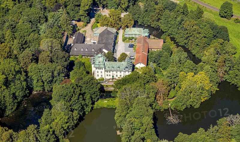 Aerial view, moated castle Haus Rhade, bulwark, Kierspe, Sauerland, North Rhine-Westphalia, Germany, castle, DE, Europe, moat, manor house, manor building, aerial photograph, aerial photography, aerial photography, Ruhr area, castle, overview, bird's-eye view, moated castle, moated castle, birds-eyes view, overview