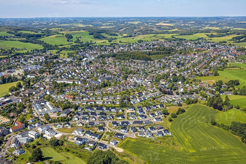 Aerial view, general view residential area local view Kierspe with construction site single-family house new housing estate Ebbeblick, Kierspe, Sauerland, North Rhine-Westphalia, Germany, construction work, construction area, building site, building plots, construction project, construction site, DE, single-family houses, Europe, property tax, real estate, aerial view, aerial photography, aerial photography, new construction, Ruhr area, overview, bird's-eye view, residential area, residential area, residential buildings, residential quality, residential neighbourhood, residential estate, residential district, birds-eyes view, overview