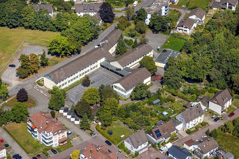Aerial photo, Pestalozzi School, Kierspe railway station, Kierspe, Sauerland, North Rhine-Westphalia, Germany, education, educational institution, DE, Europe, primary school, educational institute, aerial photo, aerial photography, aerial photography, Ruhr area, school, schoolyard, overview, bird's-eye view, birds-eyes view, overview