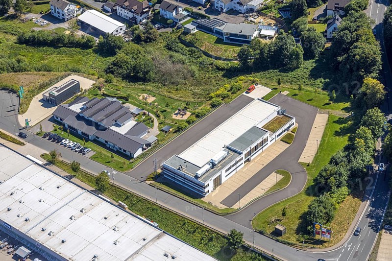 Aerial view, Kita Bullerbü Kindergarten and Volunteer Fire Brigade Kierspe Löschzug 1 Stadtmitte, Kierspe, Sauerland, North Rhine-Westphalia, Germany, fire fighter, fire protection, fire watch, DE, Europe, fire station, fire brigade, kindergarten, day care centre, day care centre, aerial photograph, aerial photography, aerial photography, rescue station, Ruhr area, overview, bird's-eye view, overview
