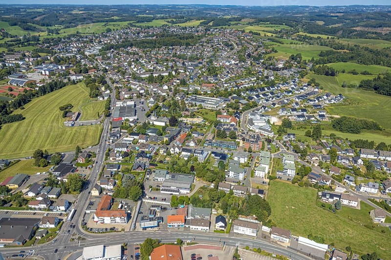 Aerial view, general view residential area local view Kierspe with town hall, Kierspe railway station, Kierspe, Sauerland, North Rhine-Westphalia, Germany, authority, community centre, DE, Europe, property tax, real estate, aerial view, aerial photography, aerial photography, town hall, Ruhr area, city administration, overview, bird's eye view, residential area, living and living, residential area, quality of life, residential quarter, housing estate, residential area, birds-eyes view, overview