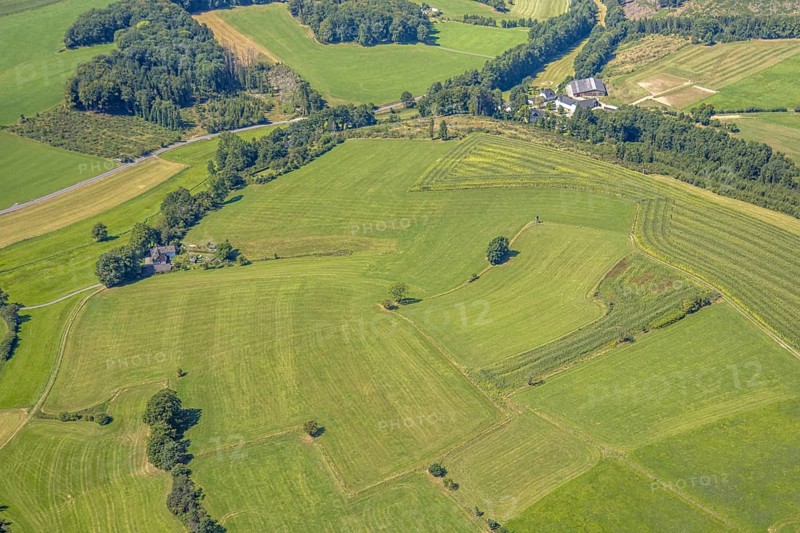 Aerial view, meadows and fields with single trees, CVJM Kierspe e.V., Thal, LSG landscape conservation area, Kierspe, Sauerland, North Rhine-Westphalia, Germany, DE, Europe, hilly landscape, hilly landscape and distant view, aerial view, aerial photography, aerial photography, Ruhr area, overview, bird's-eye view, meadows and fields, meadow area, meadow landscape, meadow piece, birds-eyes view, overview