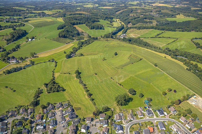 Aerial view, meadows and fields with single trees, CVJM Kierspe e.V., Thal, LSG landscape conservation area, Kierspe, Sauerland, North Rhine-Westphalia, Germany, DE, Europe, hilly landscape, hilly landscape and distant view, aerial view, aerial photography, aerial photography, Ruhr area, overview, bird's-eye view, meadows and fields, meadow area, meadow landscape, meadow piece, birds-eyes view, overview