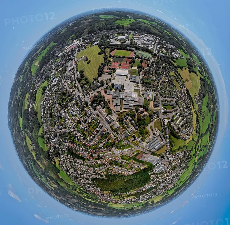 Aerial photo, Sportpark Kierspe and comprehensive school, globe, fisheye image, fisheye image, 360 degree image, tiny world, little planet, fisheye image, Höferhof, Kierspe, Sauerland, North Rhine-Westphalia, Germany, education, educational institution, DE, Europe, football, football field, football stadium, comprehensive school, educational institute, aerial photography, aerial photography, aerial photography, Ruhr area, school, sports, sports facility, sports field, tennis, tennis facility, tennis court, tennis courts, tennis club, overview, bird's-eye view, overview